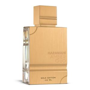 Haramain Amber Oud perfume bottle with gold cap on a white background