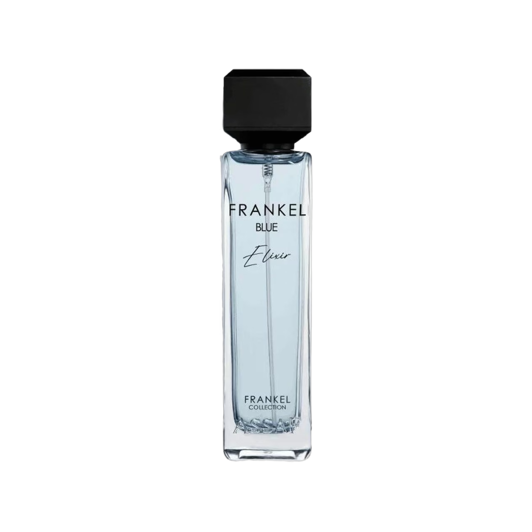 A rectangular glass bottle of Frankel Blue Elixir cologne with a black cap, shown on a plain white background.