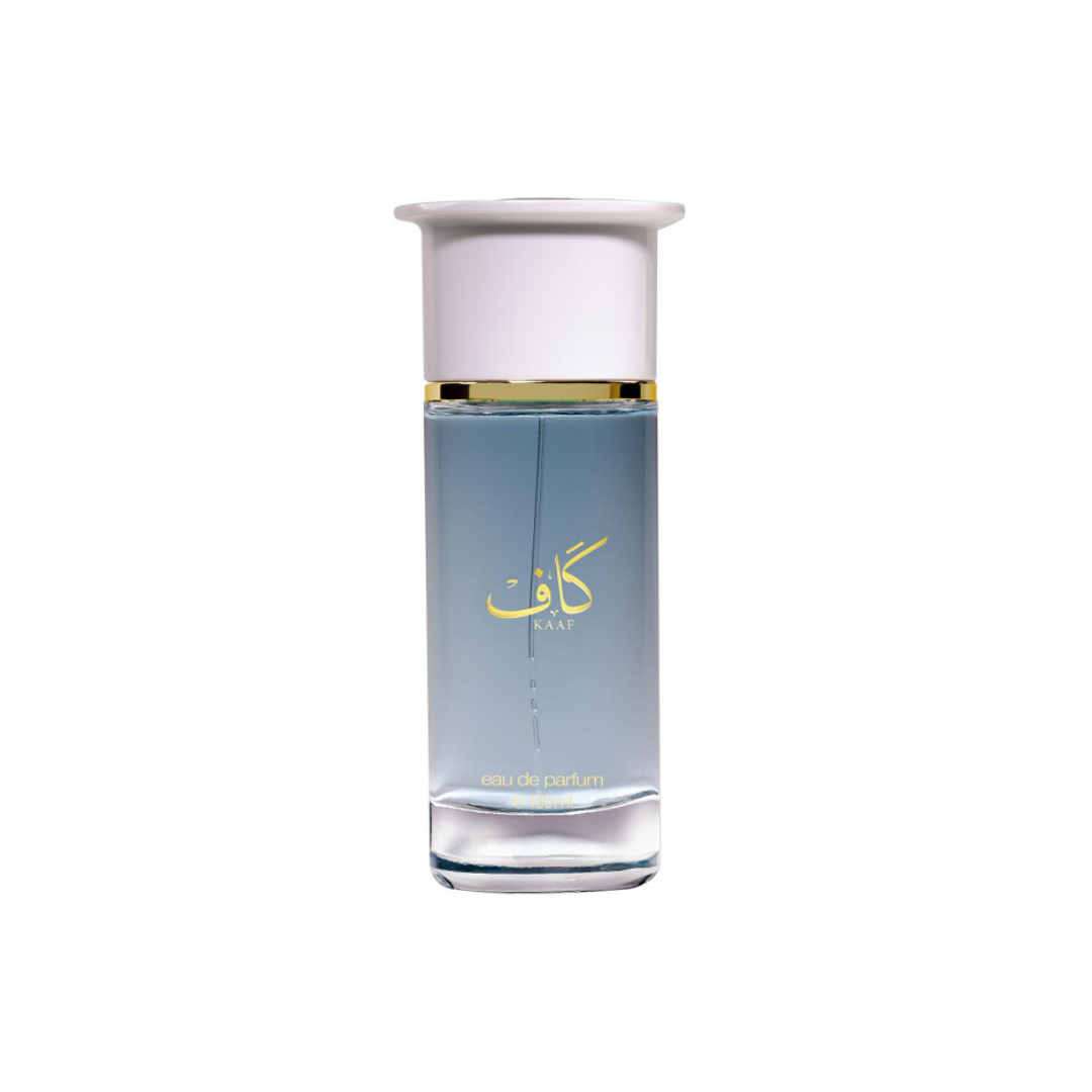 Perfume bottle with a white cap and blue body on a white background