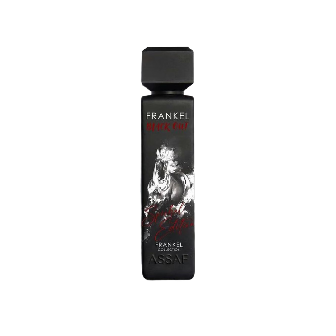 A tall, narrow black bottle from Assaf's Frankel Collection, featuring a graphic of a roaring lion in white and red on the front, set against a plain white background.