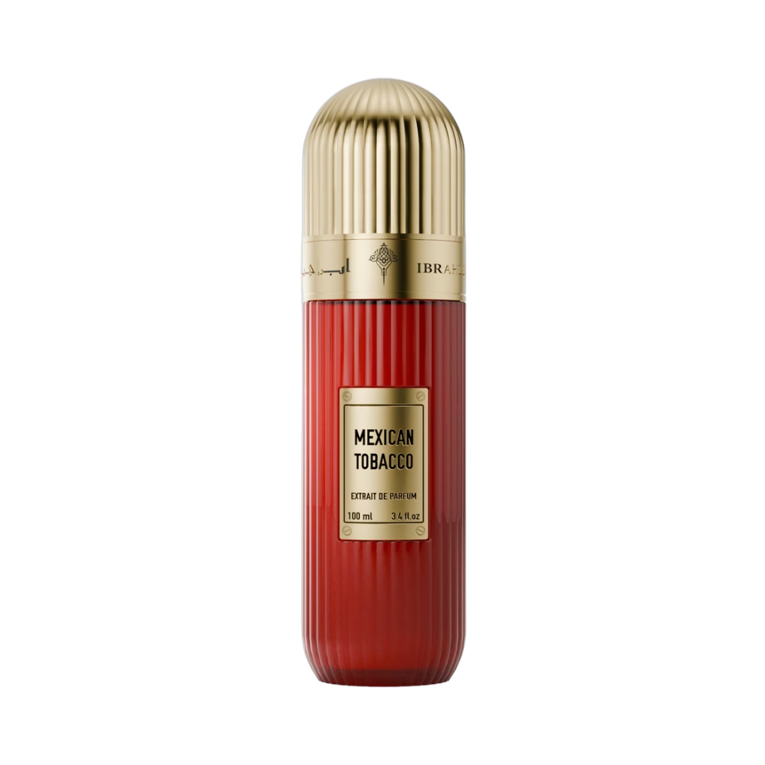 A 100ml bottle of Ibraz 'Mexican Tobacco' citrus deodorant spray, featuring a ribbed red body and a metallic gold cap and label, set against a plain white background.