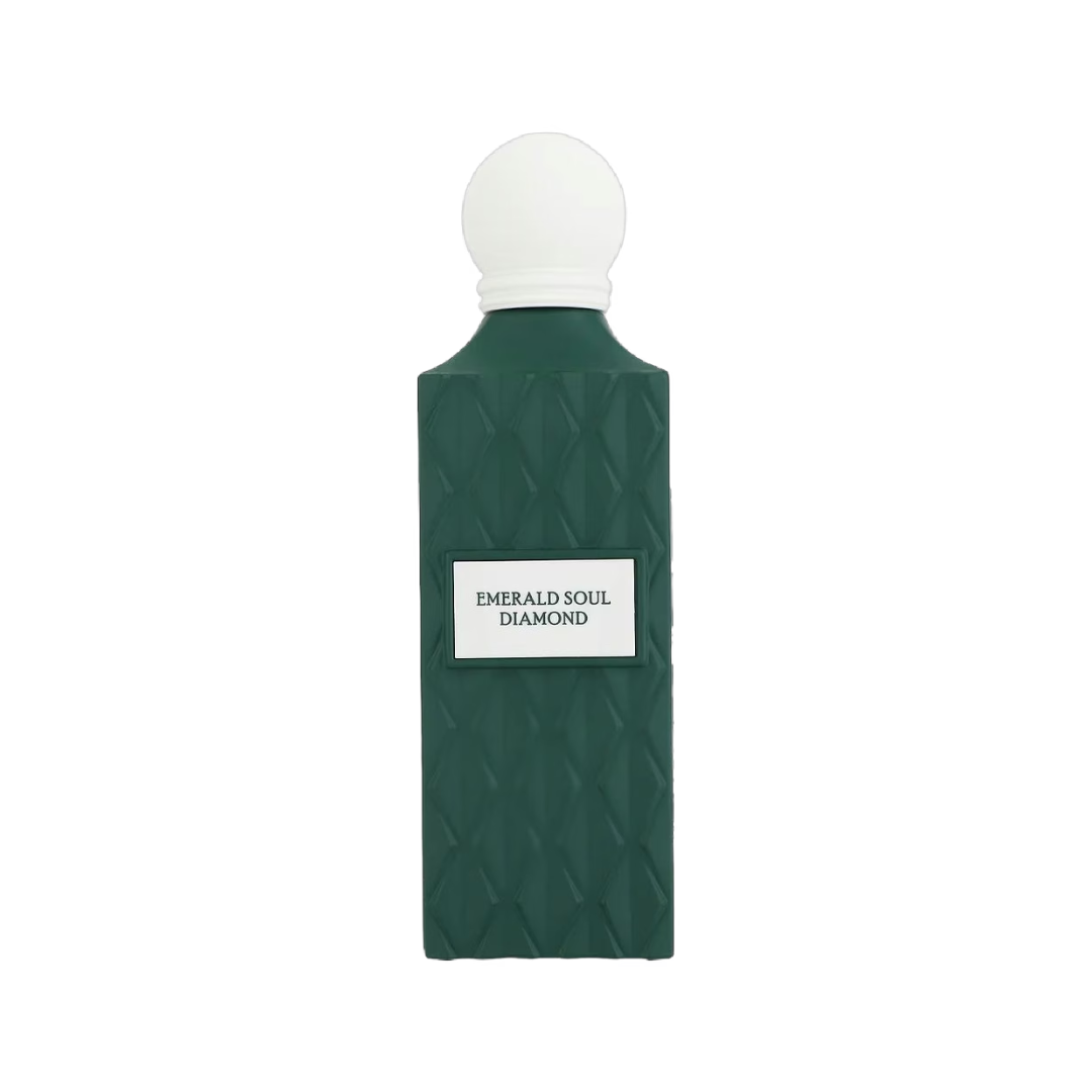 Emerald Soul Diamonds perfume bottle in a textured dark green color with a white spherical cap and a white label in the center.
