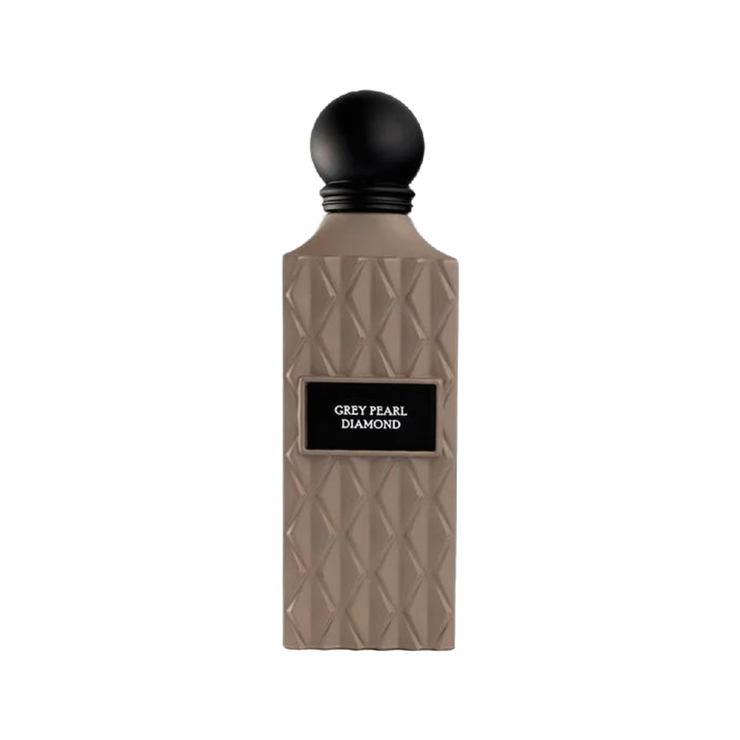 A textured rectangular perfume bottle in a warm taupe-gray color with a black spherical cap and a black label reading 'GREY PEARL DIAMOND'.