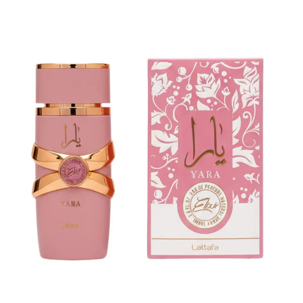 Pink Lattafa Yara perfume bottle and packaging on a white background