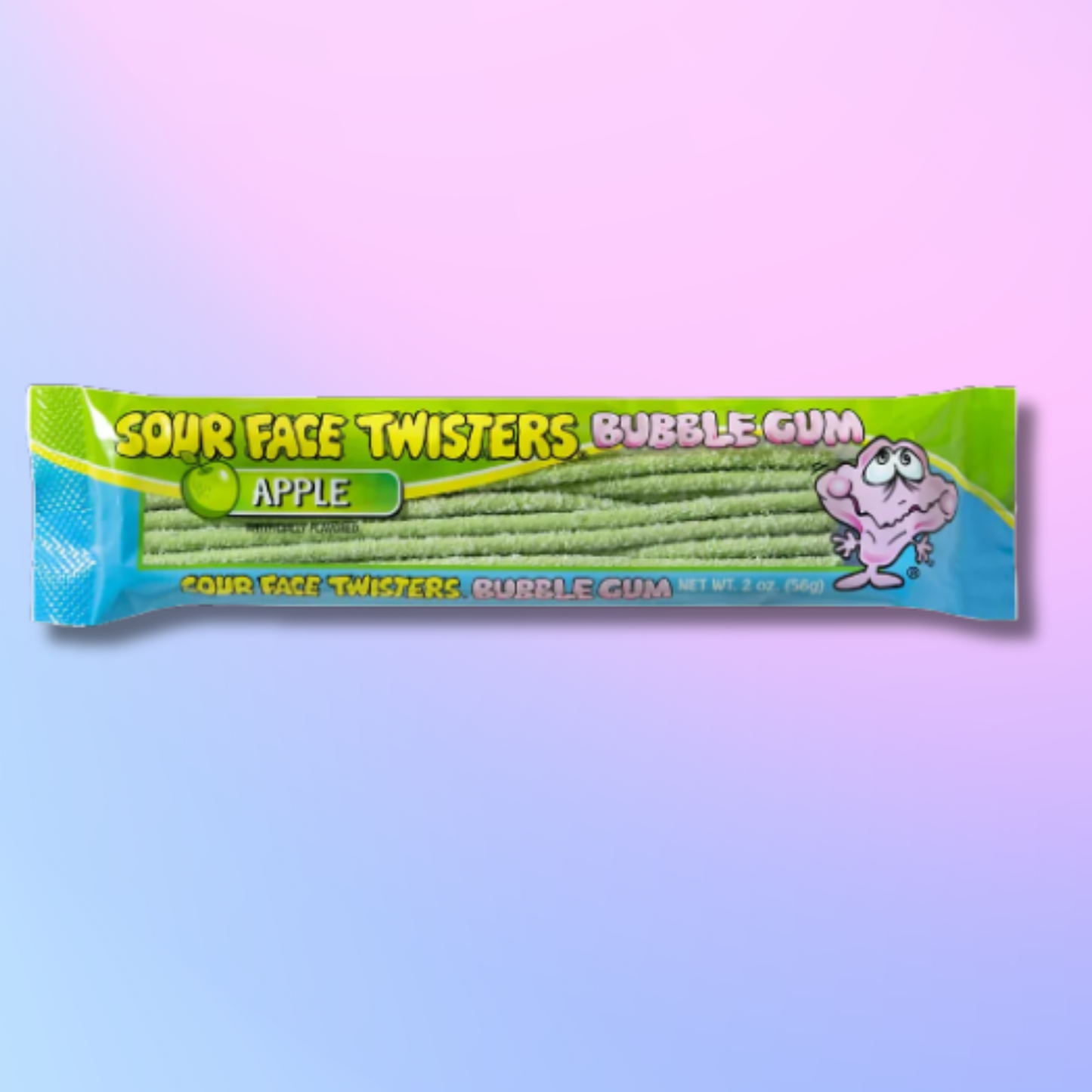 Face Twisters Sour Green Apple Bubble Gum Straws 56 g