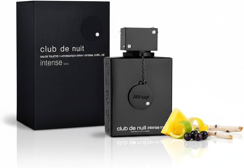 Black perfume bottle and packaging labeled 'club de nuit intense' on a white background