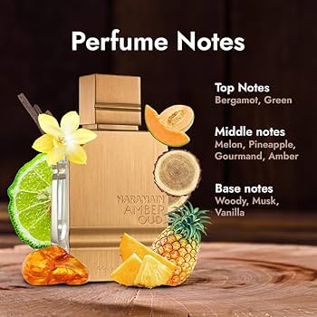 Perfume bottle with fruit slices and a wooden box, labeled 'Perfume Notes' on a dark background.