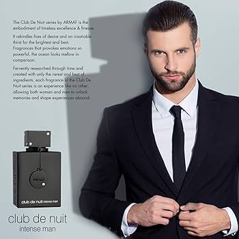 Man in a suit with Club de Nuit perfume bottle and text on a gray background