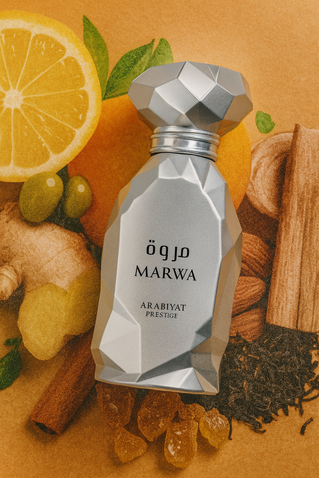 Silver perfume bottle labeled 'Marwa' surrounded by fruits, spices, and nuts on a warm background