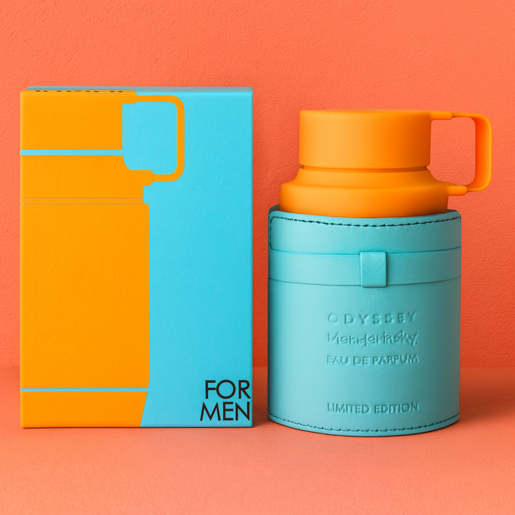 Teal and orange perfume bottle with packaging on an orange background