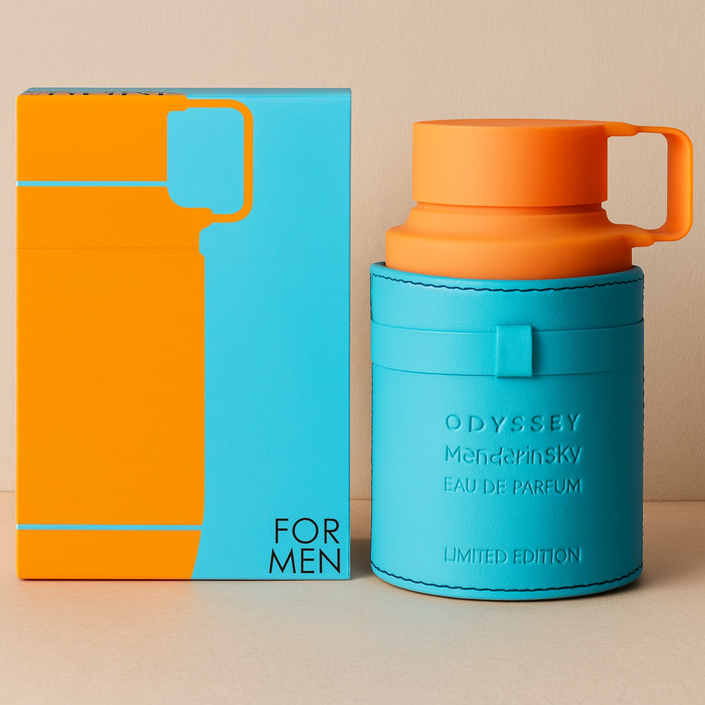 Blue and orange Odyssey Menderinsky perfume bottle with packaging on a beige background