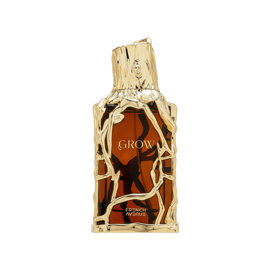 Gold and brown perfume bottle with 'Grow' text on a white background