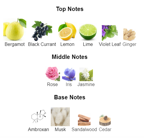 Chart of top, middle, and base notes with corresponding images on a white background