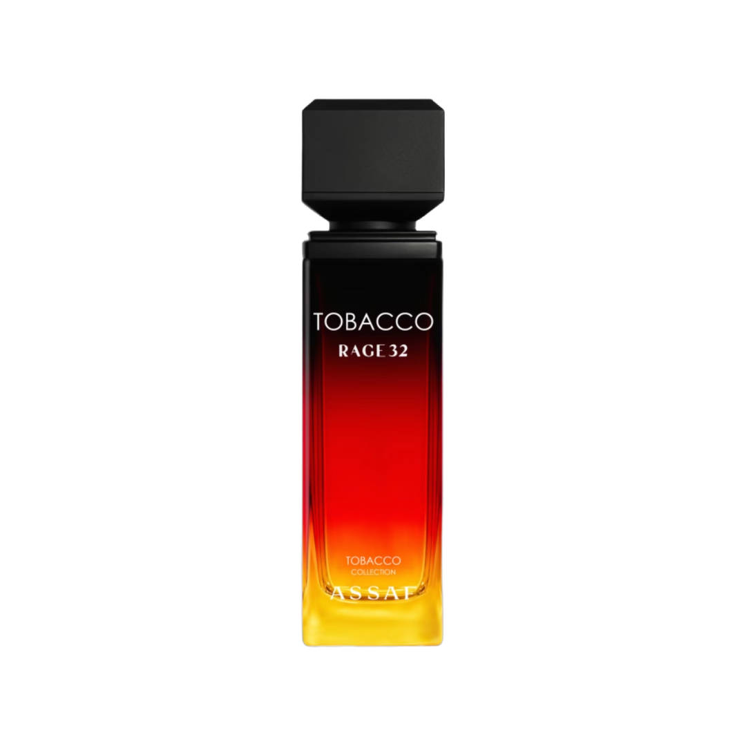 Assaf Tobacco Race 32 perfume bottle with a black cap and a gradient glass body transitioning from black at the top to red and yellow at the bottom, on a white background.