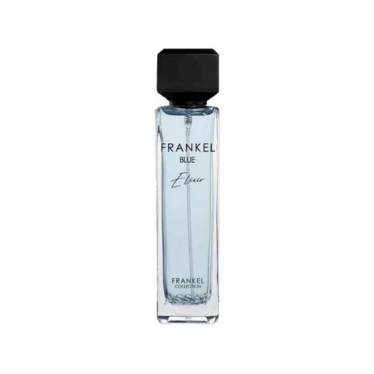 A rectangular glass bottle of Frankel Blue Elixir cologne with a black cap, shown on a plain white background.