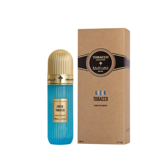 A bottle of Greek Tobacco perfume next to its brown cardboard packaging box, featuring a ribbed gold cap and a vibrant blue ribbed body.