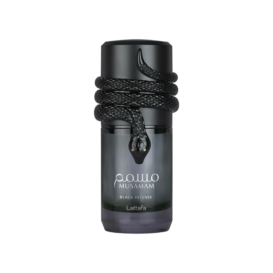 Black perfume bottle with rope design on a white background