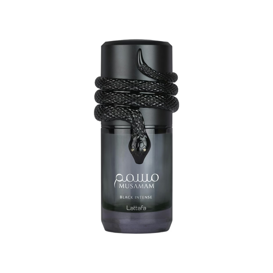 Black perfume bottle with rope design on a white background