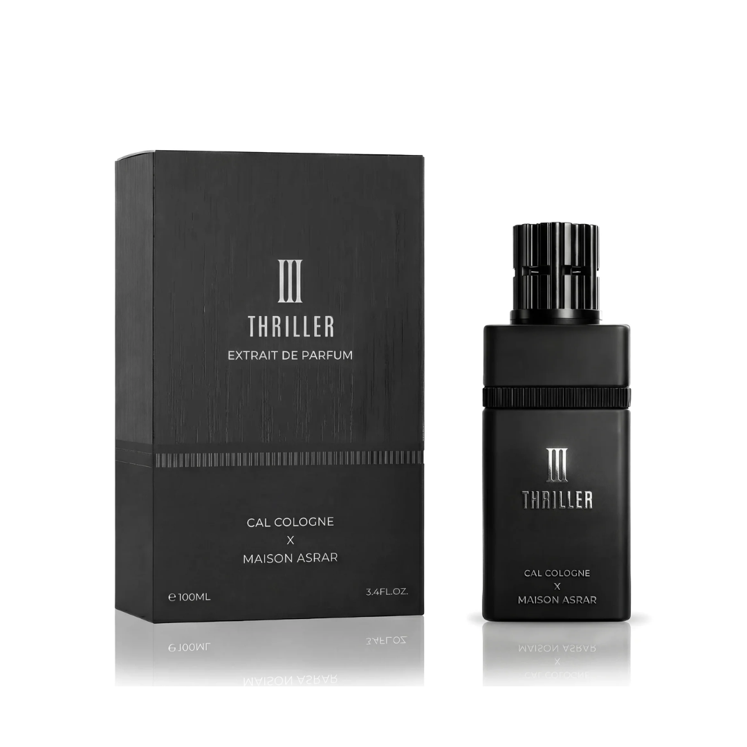 Black perfume bottle and packaging with 'Thriller' branding on a white background