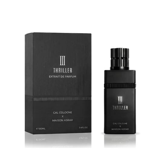 Black perfume bottle and packaging with 'Thriller' branding on a white background