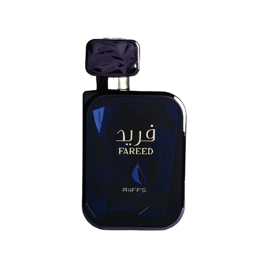 Black perfume bottle with 'Fareed' branding on a white background