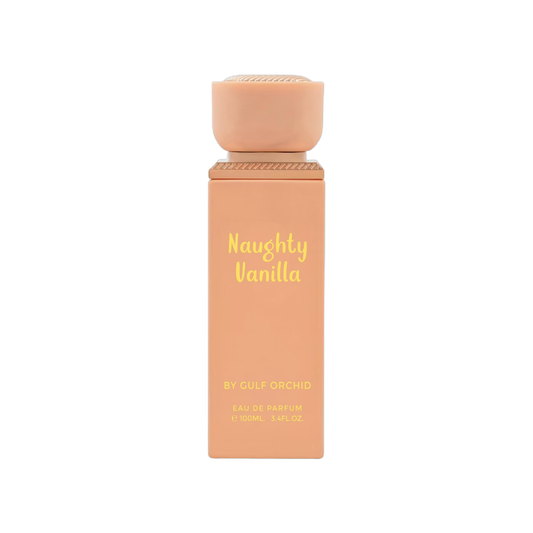 Perfume bottle labeled 'Naughty Vanilla' by Gulf Orchid on a white background