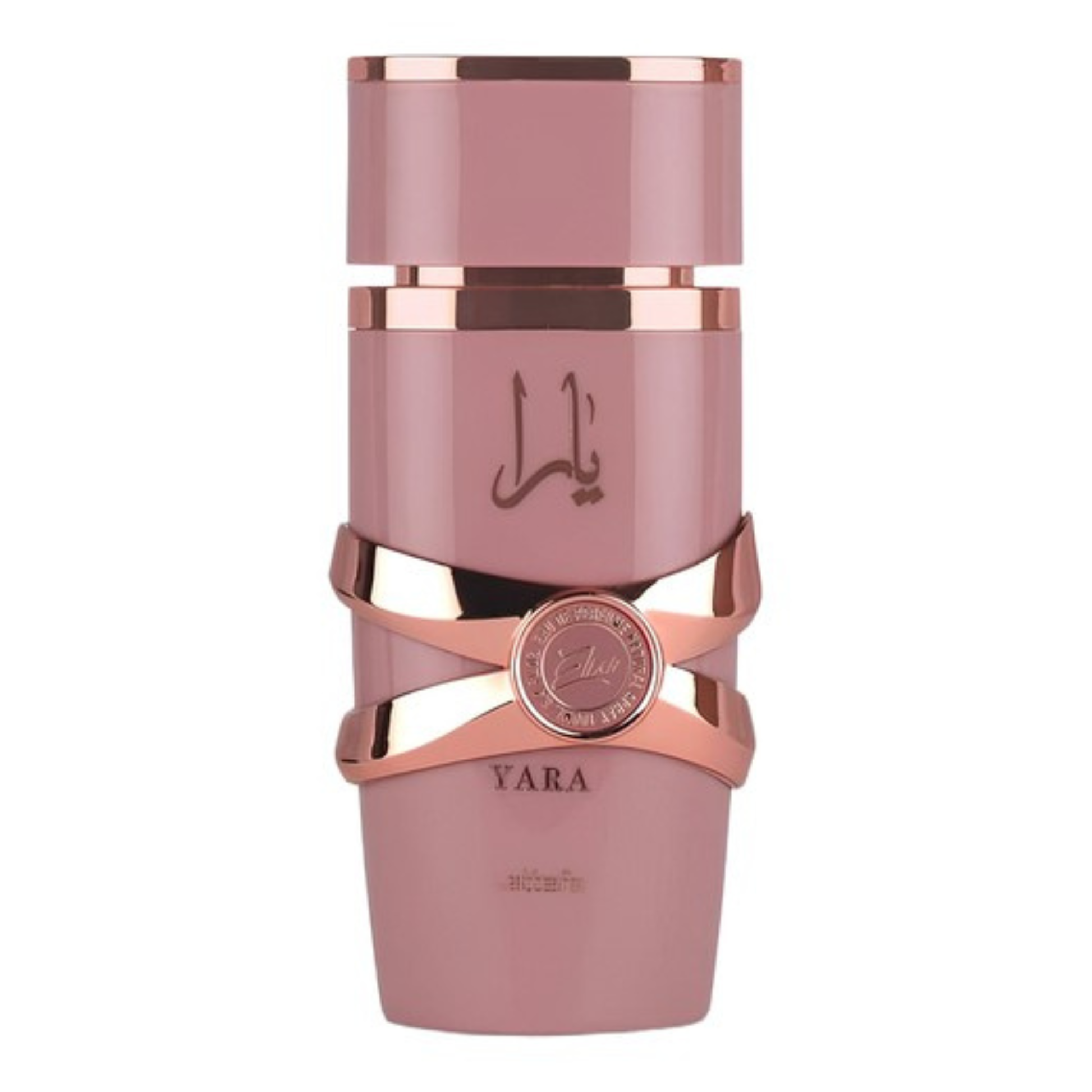 Pink and rose gold perfume bottle with 'Yara' branding on a white background