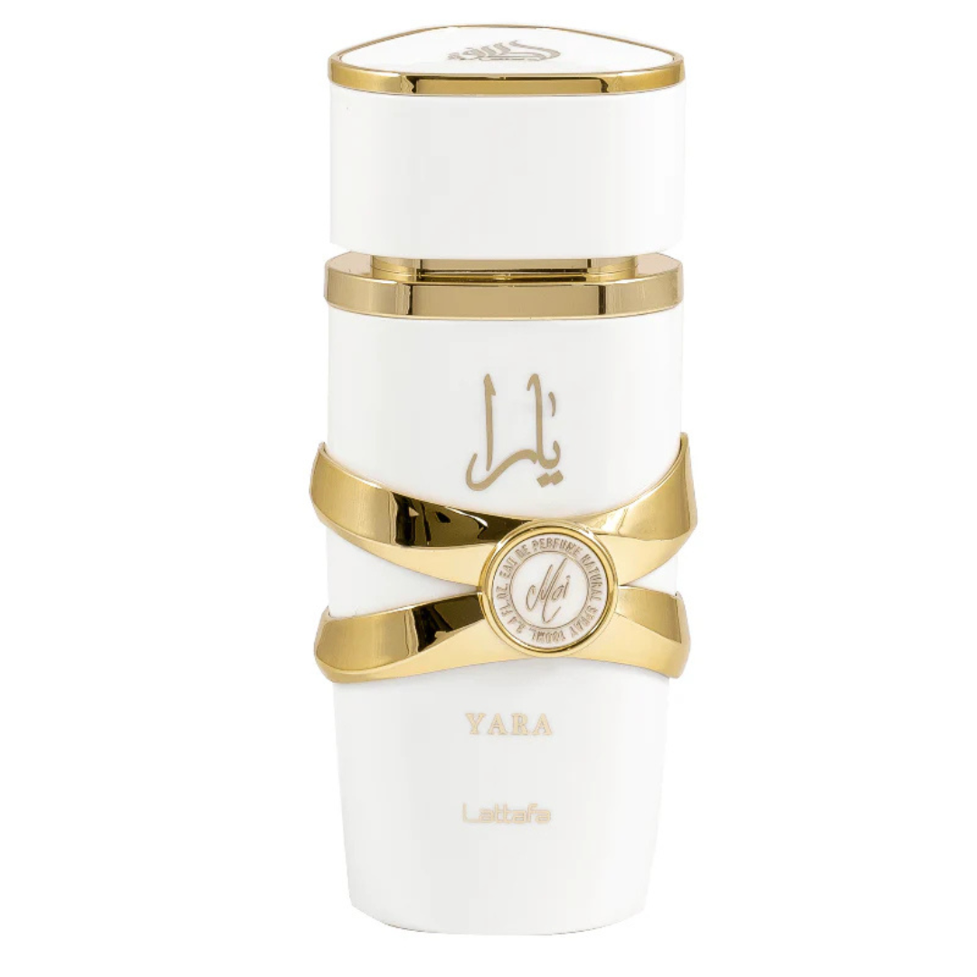 White and gold perfume bottle with 'Yara' branding on a white background