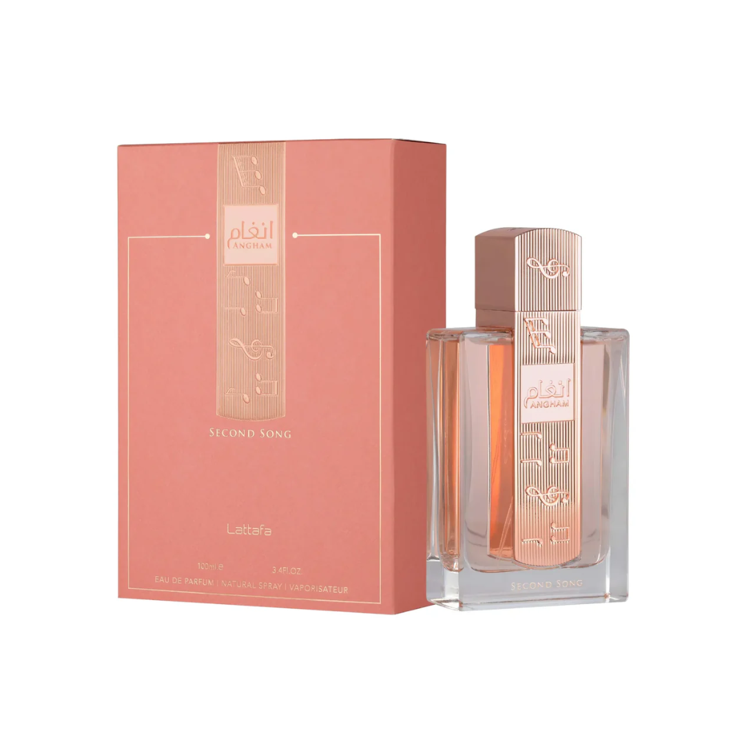 Perfume bottle and packaging with a pink color scheme on a white background