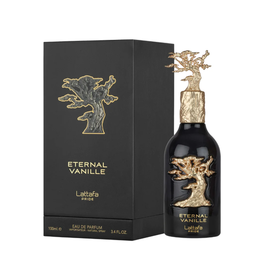 Lattafa Eternal Vanille perfume bottle and packaging on a white background