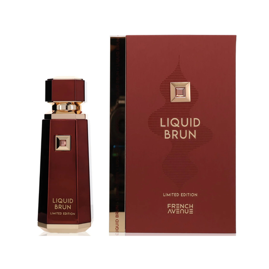 Perfume bottle and packaging of Liquid Brun by French Avenue on a white background