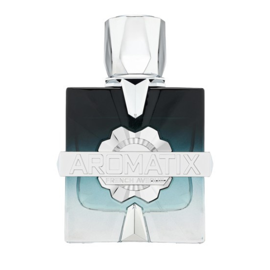 Perfume bottle with silver cap and 'Aromatix' branding on a white background