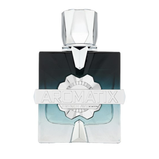 Perfume bottle with silver cap and 'Aromatix' branding on a white background