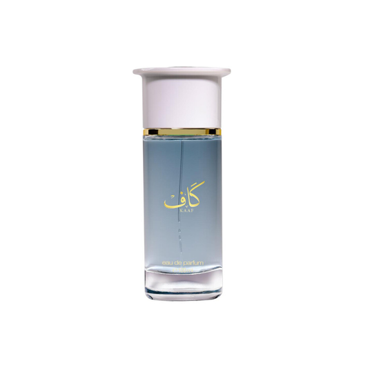 Perfume bottle with a white cap and blue body on a white background