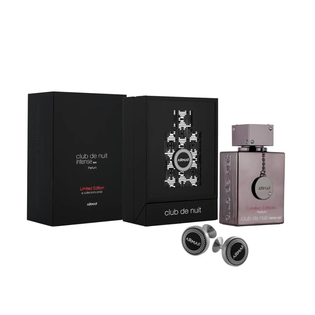 Versace Club de Nuit Limited Edition fragrance gift set, featuring a black presentation box, a matching perfume bottle, and matching cufflinks on a white background.