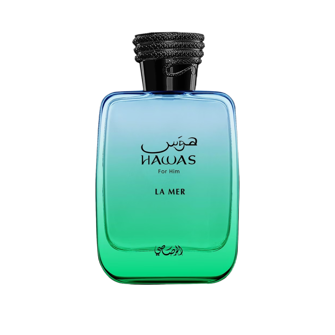 A rectangular glass fragrance bottle with a blue-to-green gradient, featuring a textured black cap and black Arabic and English branding text on a plain white background.