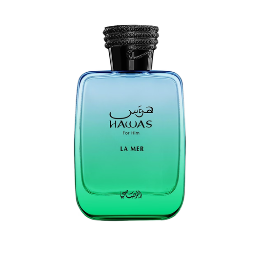A rectangular glass fragrance bottle with a blue-to-green gradient, featuring a textured black cap and black Arabic and English branding text on a plain white background.