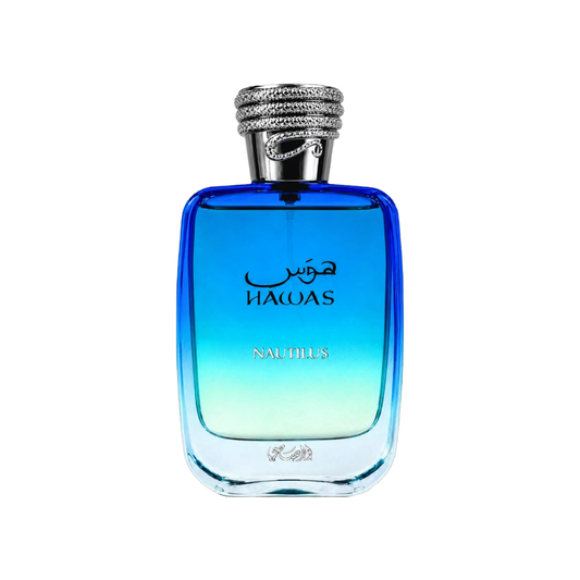 A bottle of Nautilus by K&Fabe perfume with a vibrant blue gradient glass body and a silver rope-wrapped cap, set against a plain white background.