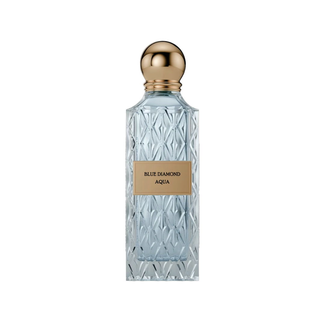 A faceted light blue glass perfume bottle with a textured pattern, a gold-toned spherical cap, and a gold label reading 'BLUE DIAMOND AQUA'.