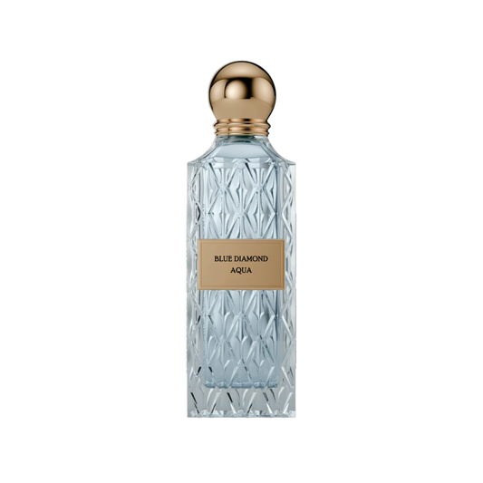 A faceted light blue glass perfume bottle with a textured pattern, a gold-toned spherical cap, and a gold label reading 'BLUE DIAMOND AQUA'.