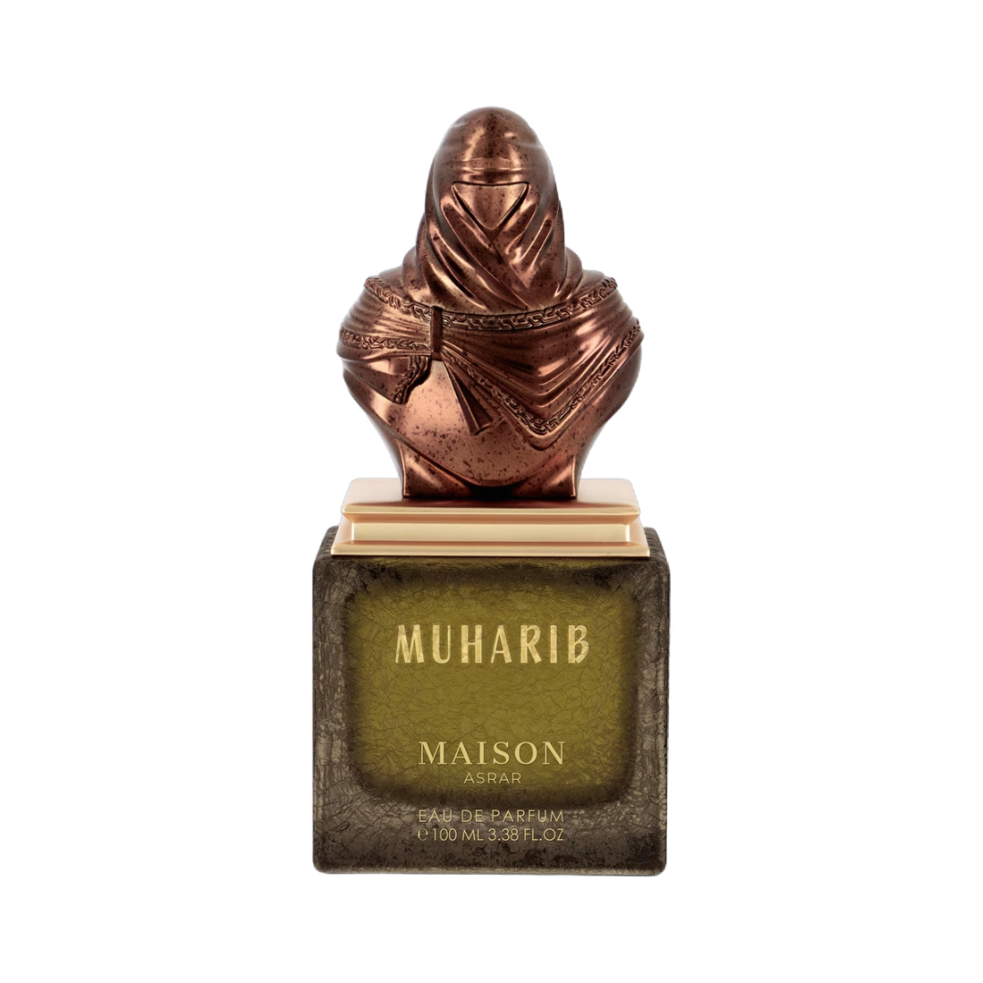 Muharib Eau de Parfum by Maison Armaf, featuring a metallic bronze bust-shaped cap on a square dark green and black glass bottle with gold lettering.