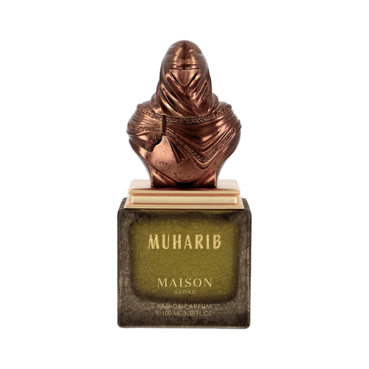 Muharib Eau de Parfum by Maison Armaf, featuring a metallic bronze bust-shaped cap on a square dark green and black glass bottle with gold lettering.