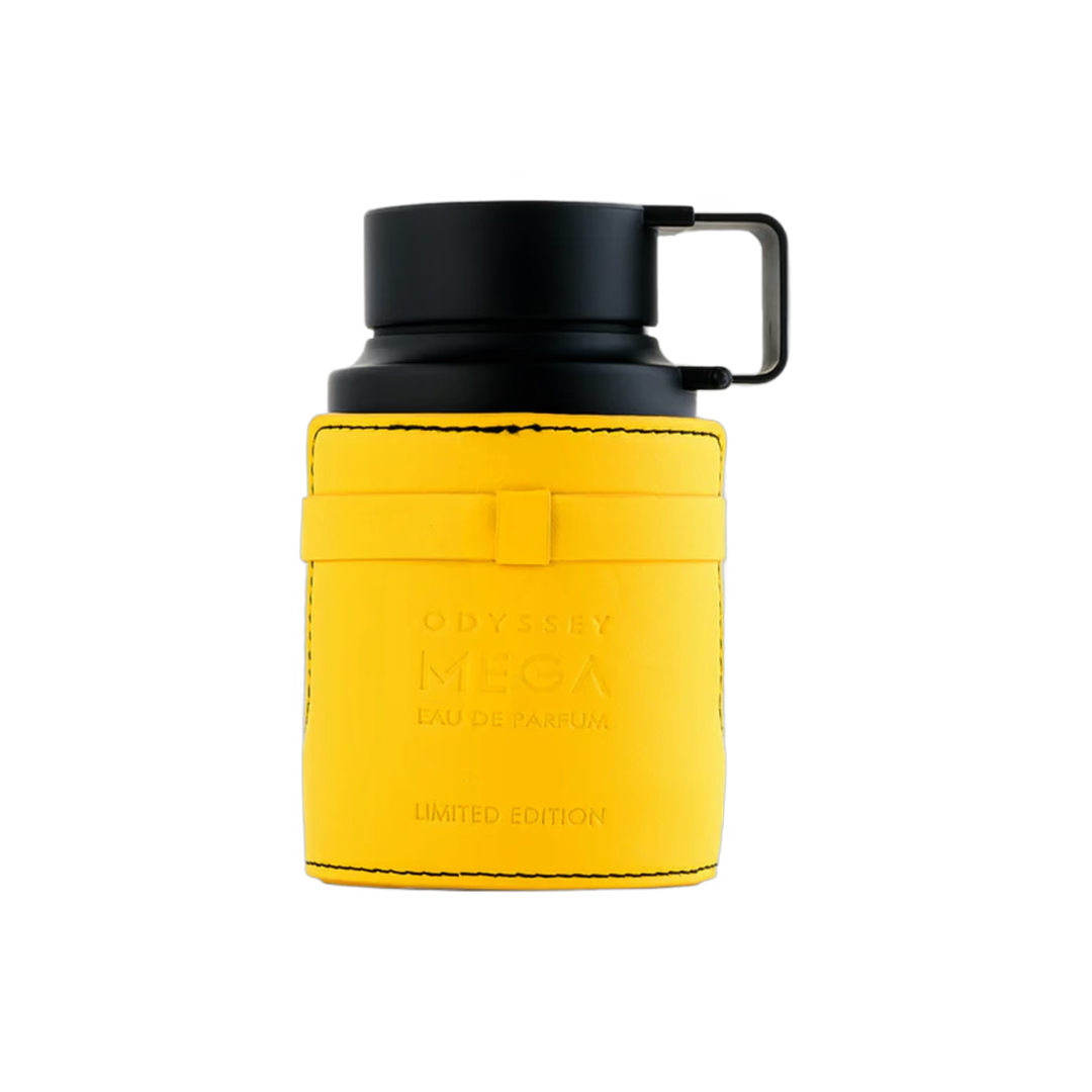 A bright yellow leather-like cylindrical pouch or sleeve with black top and handle, shown on a plain white background. Embossed text on the front reads 'ODYSSEY MEGA EAU DE PARFUM' and 'LIMITED EDITION'.
