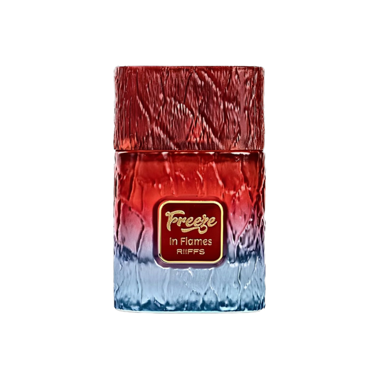 Freeze In Flames RIFFS perfume bottle with a textured red and blue gradient design, featuring a gold label in the center.