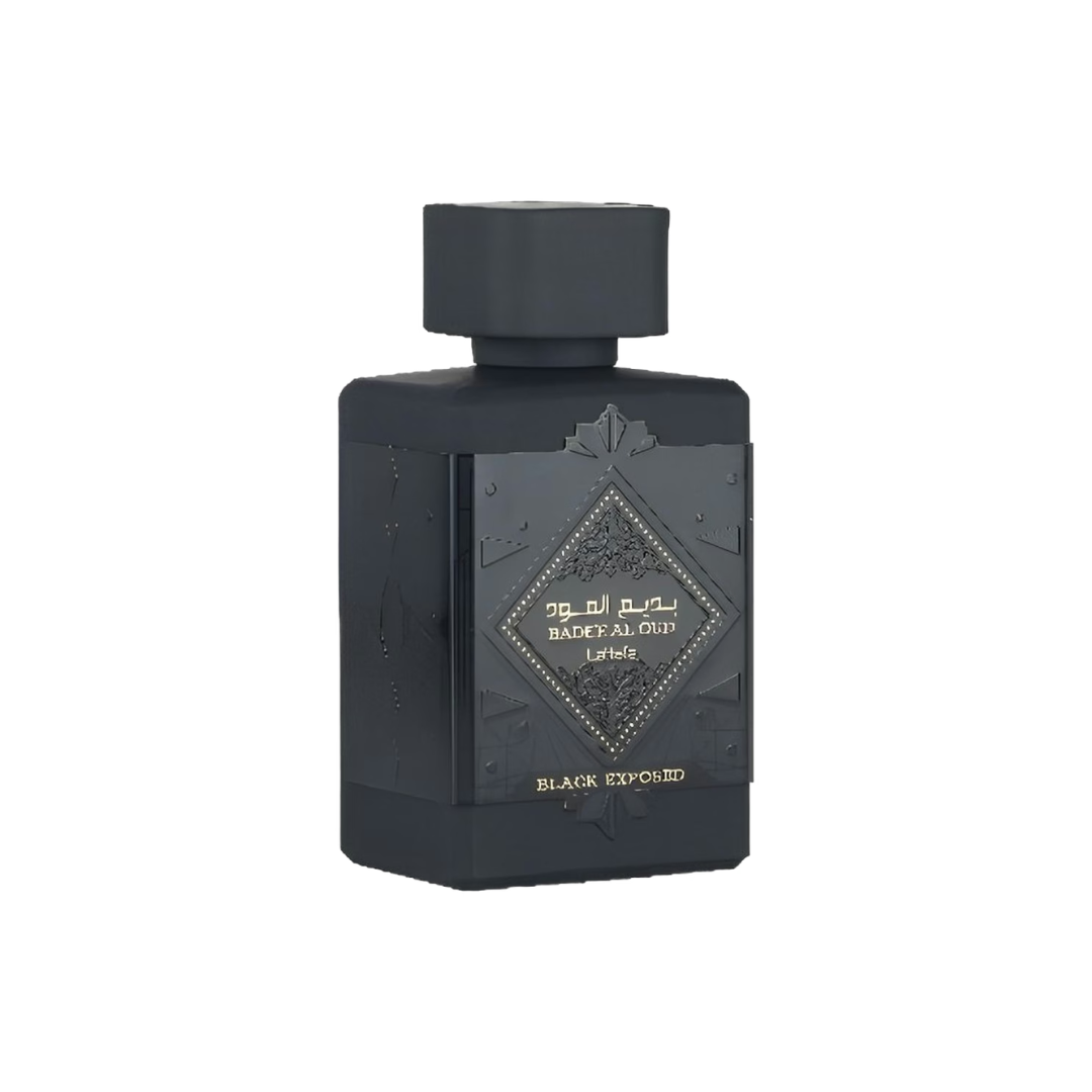 A dark charcoal gray rectangular perfume bottle with a matching cap, featuring a central diamond-shaped label with gold Arabic calligraphy and the text 'BACCHIA AL SAID' and 'BLACK EXPONDED'.