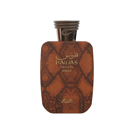 A rectangular perfume bottle with a brown and orange snakeskin pattern, featuring gold lettering that reads 'HAWAS PRIVATE DULCE' and Arabic script, set against a plain white background.