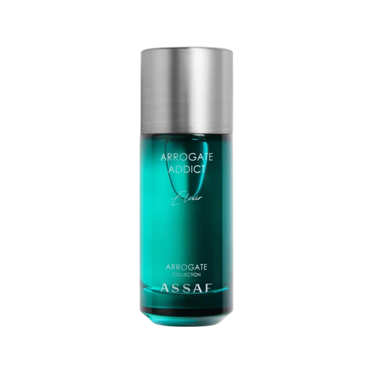 Assaf Arrogate Addict Eau de Toilette bottle in a vibrant teal glass with a brushed silver cap, on a solid white background.