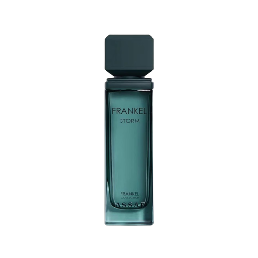 A rectangular glass bottle of Assagato Frankel Storm fragrance, featuring a dark teal-green tinted glass body and a matching dark teal cap, set against a plain white background.