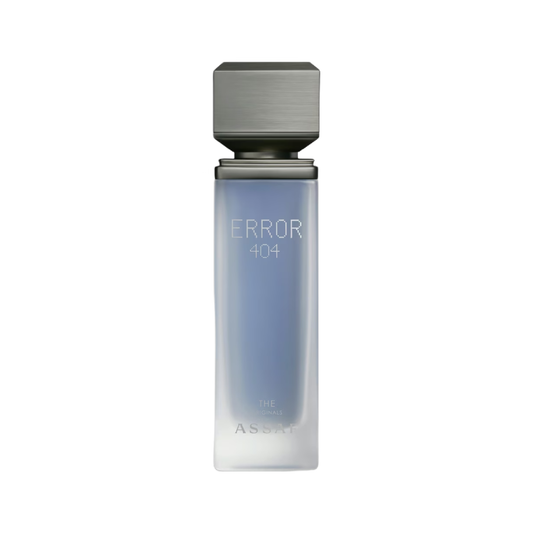 A rectangular frosted glass bottle of ASOS Error 404 Eau de Toilette spray, featuring a metallic silver cap and a light blue gradient liquid inside, set against a plain white background.