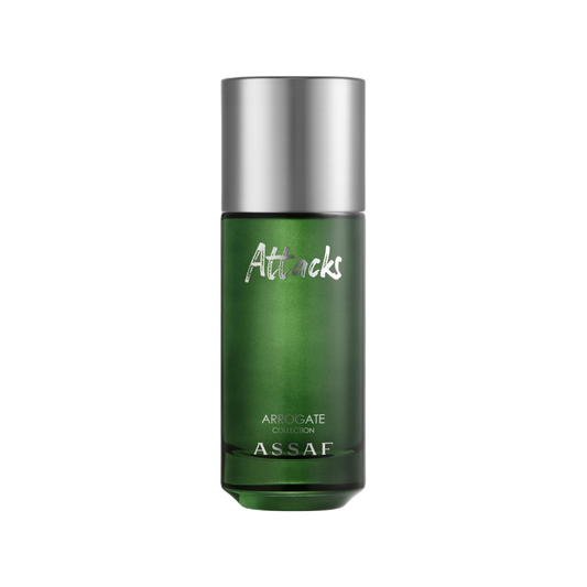 Assaf Attacks Arrogate Collection cologne bottle in green glass with a metallic silver cap, on a white background.